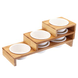 Bamboo Pet Feeder Ceramic Bowl Raised Stand (new)