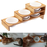 Bamboo Pet Feeder Ceramic Bowl Raised Stand (new)