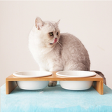 Bamboo Pet Feeder Ceramic Bowl Raised Stand (new)