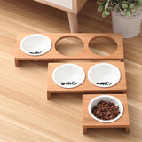 Bamboo Pet Feeder Ceramic Bowl Raised Stand (new)
