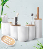 Bamboo Wood Bathroom Set with Toothbrush Holder, Soap Dish, Soap Dispenser, and Toilet Brush Container