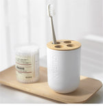 Bamboo Wood Bathroom Set with Toothbrush Holder, Soap Dish, Soap Dispenser, and Toilet Brush Container