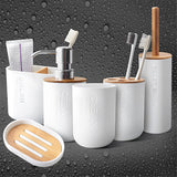 Bamboo Wood Bathroom Set with Toothbrush Holder, Soap Dish, Soap Dispenser, and Toilet Brush Container